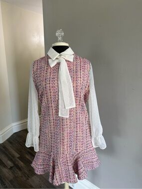 Sister Jane Size M | Pink Tweed Ruffle Hem Dress with Sheer White Bow Blouse